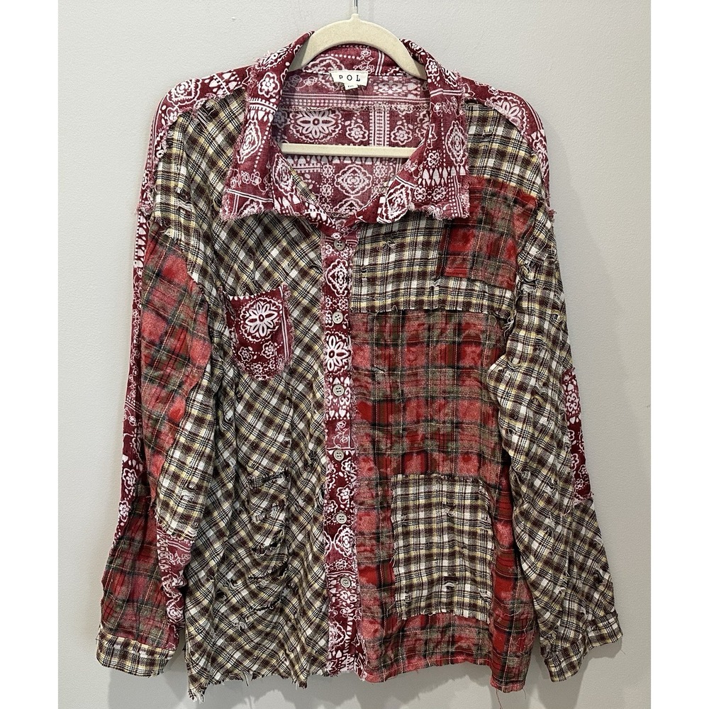 POL Patchwork Flannel Shirt Jacket M Red Plaid Bandana Boho Grunge Raw Hem